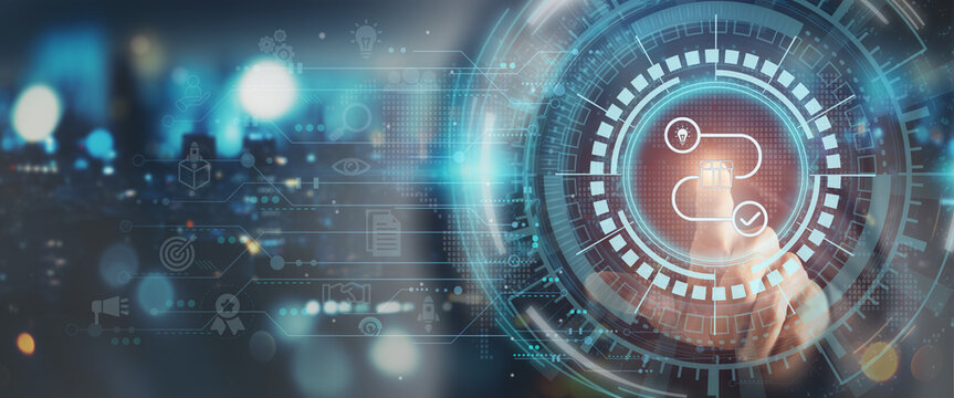 New product development and project roadmap concept. Businessman touching on digital screen with new product development and project roadmap icons, ideation, development and launching process.