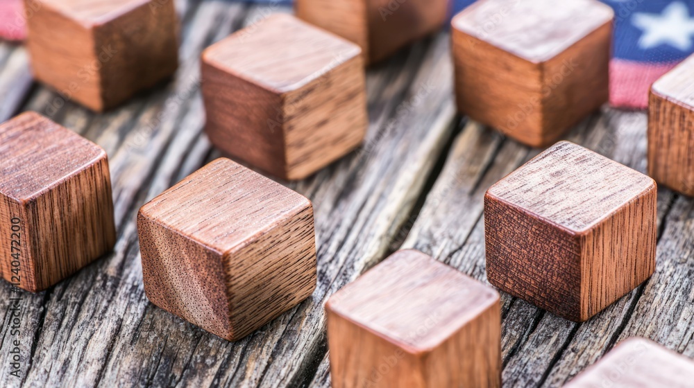 Poster Rustic wooden blocks arranged on a weathered wooden surface with an American flag background for artistic and nostalgic themes