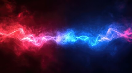 Fototapeta premium Vibrant red and blue laser lights cross paths, creating an energetic concert background with smoke effects.