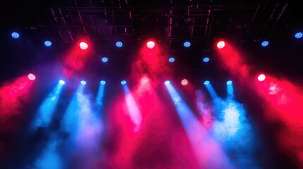 Fototapeta premium Vibrant red and blue laser lights cross paths, creating an energetic concert background with smoke effects.