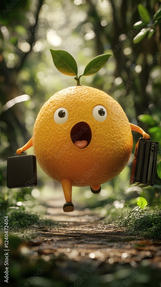 Poster amusing 3d illustration of a large orange running in a lush forest dimpled body and surprised face o