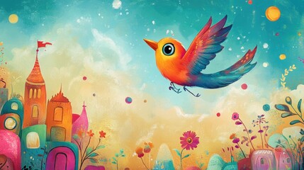 Obraz premium Whimsical bird flying over a colorful children's world, filled with playful elements and a joyful atmosphere