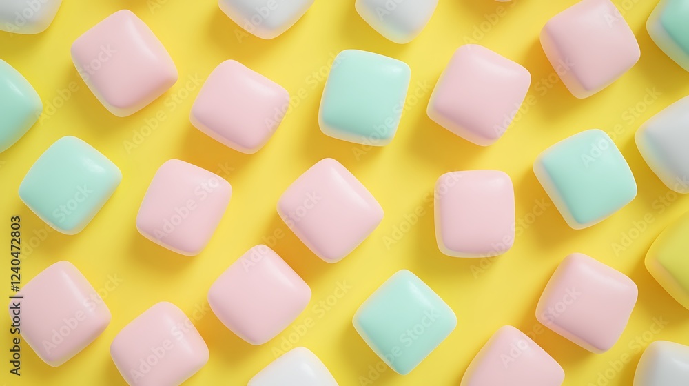 Poster colorful pastel soap cubes on bright yellow background creating a playful and cheerful atmosphere fo