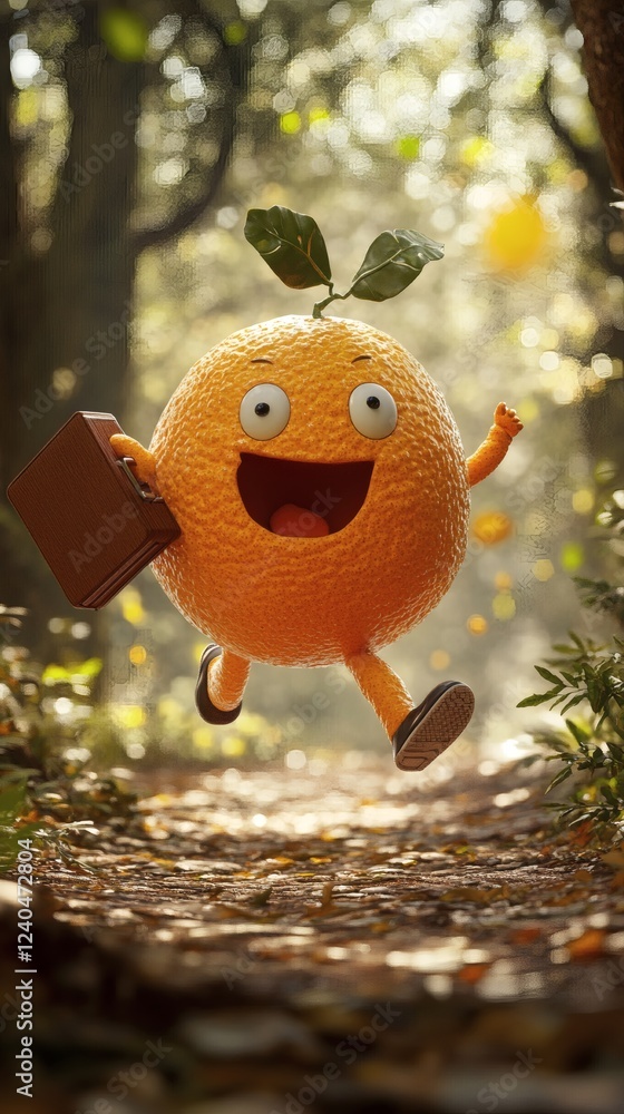 Aufkleber amusing 3d illustration of a large orange running in a lush forest dimpled body and surprised face o