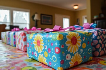 Colorful wrapped gifts ready for celebration at a cozy indoor gathering in a cheerful setting