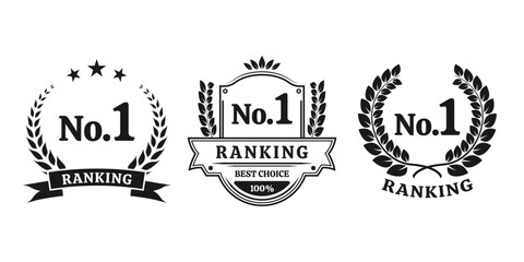 Fototapeta premium No. 1 rank icon set. Ranking award with laurel wreath. First place emblem. Number 1, Best choice label or badge. Vector illustration.