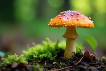Fototapeta premium Orange-colored toadstool with an orange-brown cap and short stem in the undergrowth, caps, biology