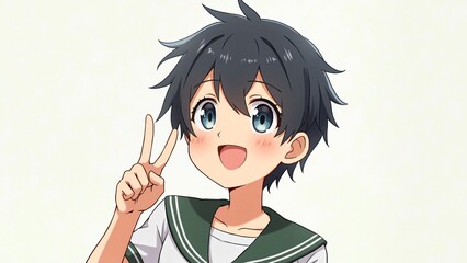 Cheerful Anime Boy with Peace Sign