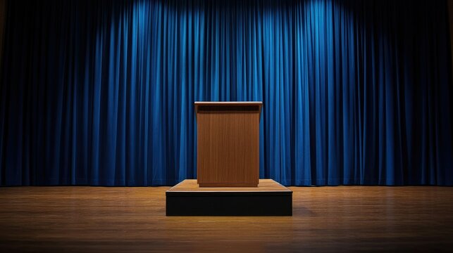 Wooden lectern placed on a sleek stage with royal blue curtains as a simple yet striking backdrop