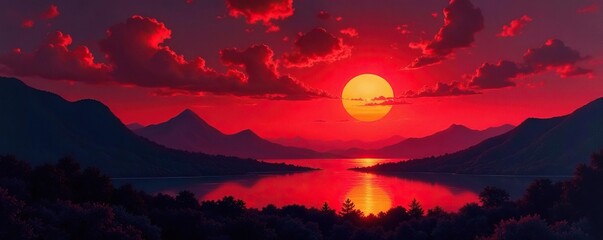 Black velvet painting of a red sunset on canvas, landscape, canvas