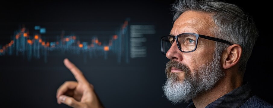A focused man with a beard analyzes data trends on a screen, pointing thoughtfully, showcasing a blend of expertise and technology.