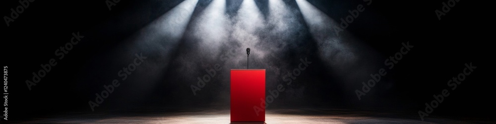 Aufkleber Contemporary Broadcast Studio Design Sleek Red Podium in Minimalist Setting with Dynamic Lighting Elevating Political Media Coverage and Democratic Engagement