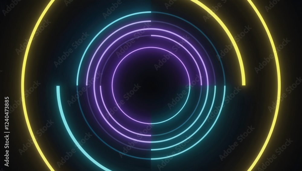 Poster abstract neon light circles swirl. background is dark. use website, tech