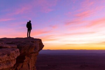 Obraz premium Contemporary Solo Adventure Imagery A Young Backpacker on a Cliff at Sunset - Immersive Travel Content and Nature Exploration Marketing