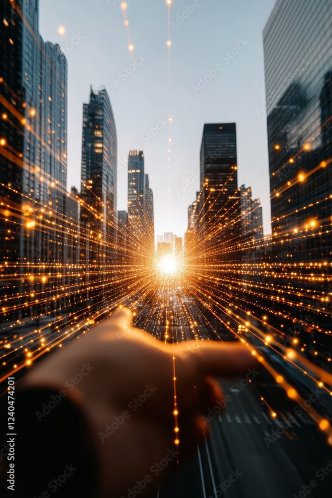 Aufkleber Dynamic Cityscape in Cybersecurity Aesthetic Digital Grid with Network Nodes and Data Flow - Urban Tech Visualization for Smart City Infrastructure and Security Innovations