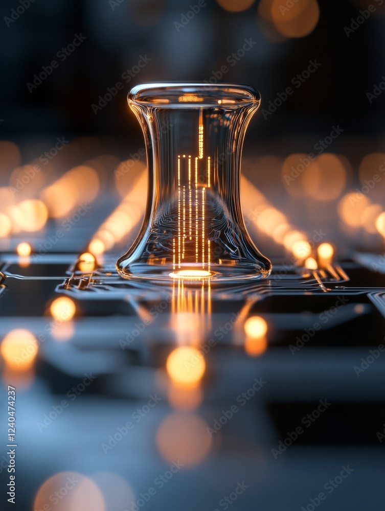 Poster Futuristic Network Security Visualization Glass Circuit Board with Luminous Pathways and Lock Symbol - Advanced Tech Marketing for Digital Infrastructure Defense
