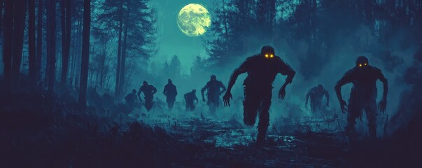Obraz premium Haunting zombies approach under the full moon's glow