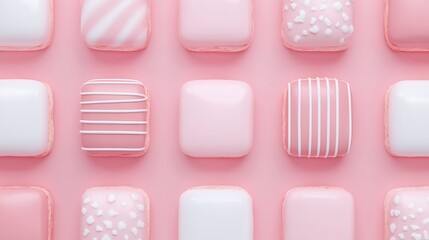 Colorful Pink and White Macarons Arranged Aesthetically on a Soft Pink Background for Sweet Treat Lovers