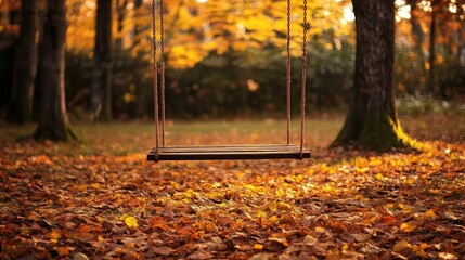 Wooden swing surrounded by vibrant autumn leaves, with golden sunlight filtering through the trees in the background