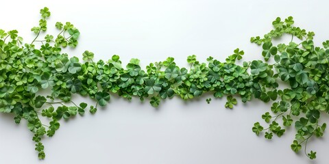 Obraz premium A vibrant arrangement of green shamrocks on a light background, forming a decorative border.