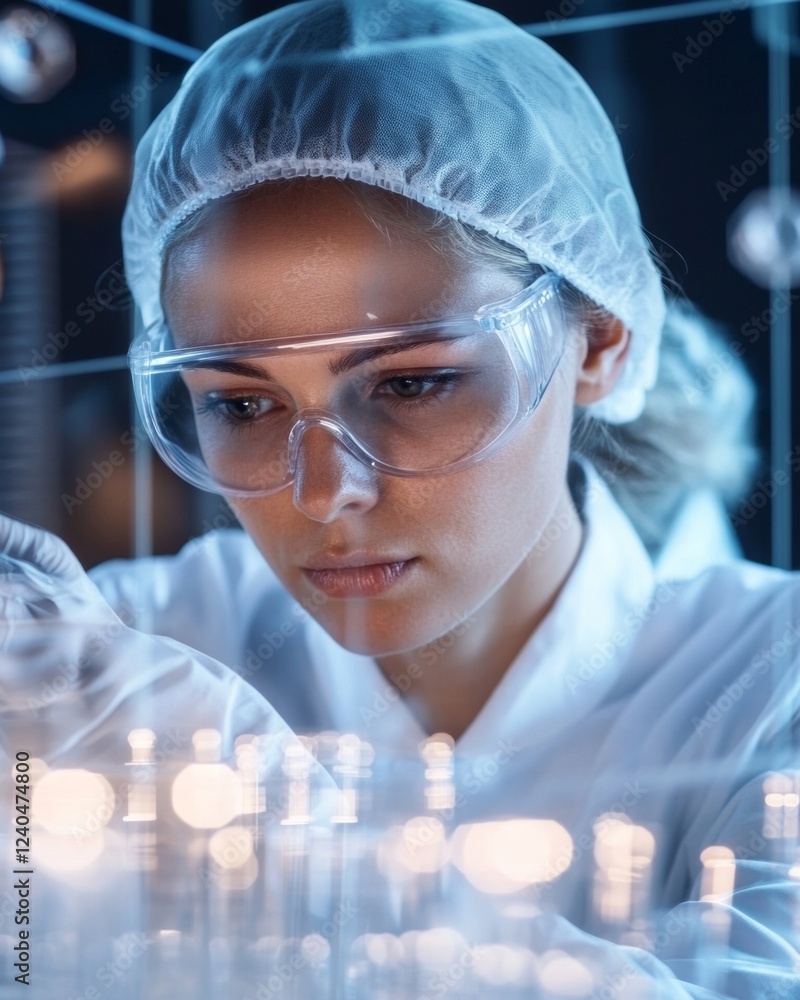 Aufkleber futuristic laboratory study female scientist in protective gear, analyzing data on high-tech graphs 