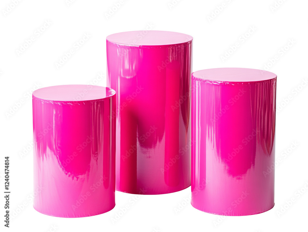 Poster the image shows three shiny pink cylindrical display stands of varying heights against a black backg