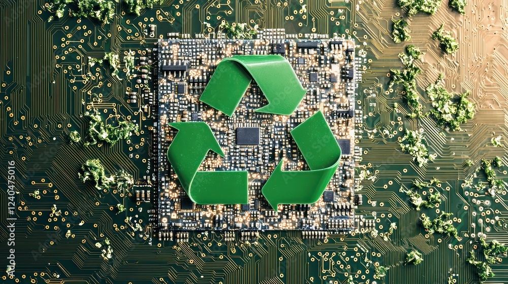 Aufkleber recycle symbol on circuit board with electronic components and green elements representing eco-frien