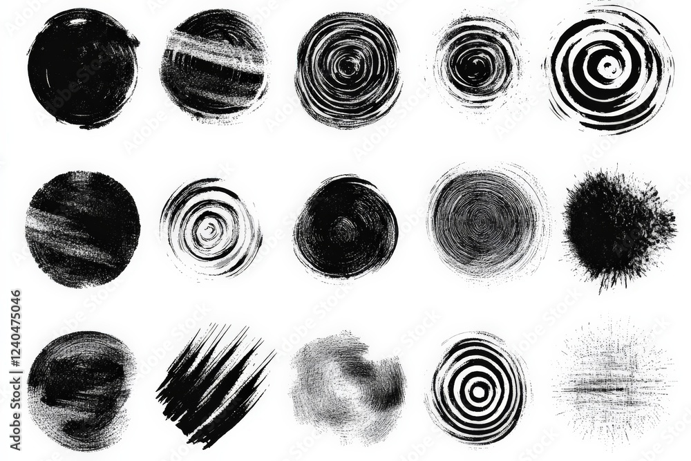 Leinwandbilder varied black and white circular patterns created with brush strokes in a creative art display