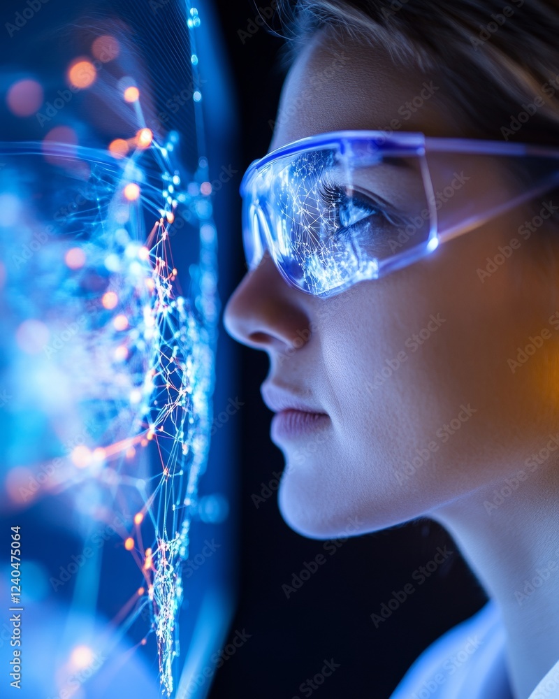 Poster Futuristic Scientific Collaboration Diverse Team Analyzing Data on Digital Displays in High-Tech Lab - Innovation in Medical Research and Global Health Advances