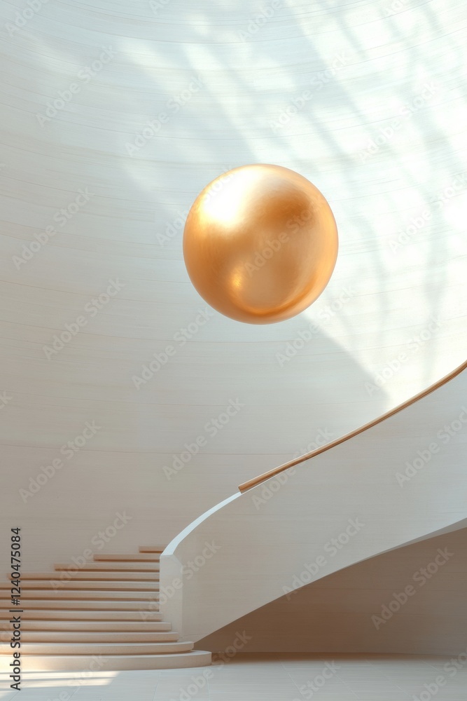 Poster luminous optimism golden balloon ascends in spiral staircase of modern architecture - dynamic art in