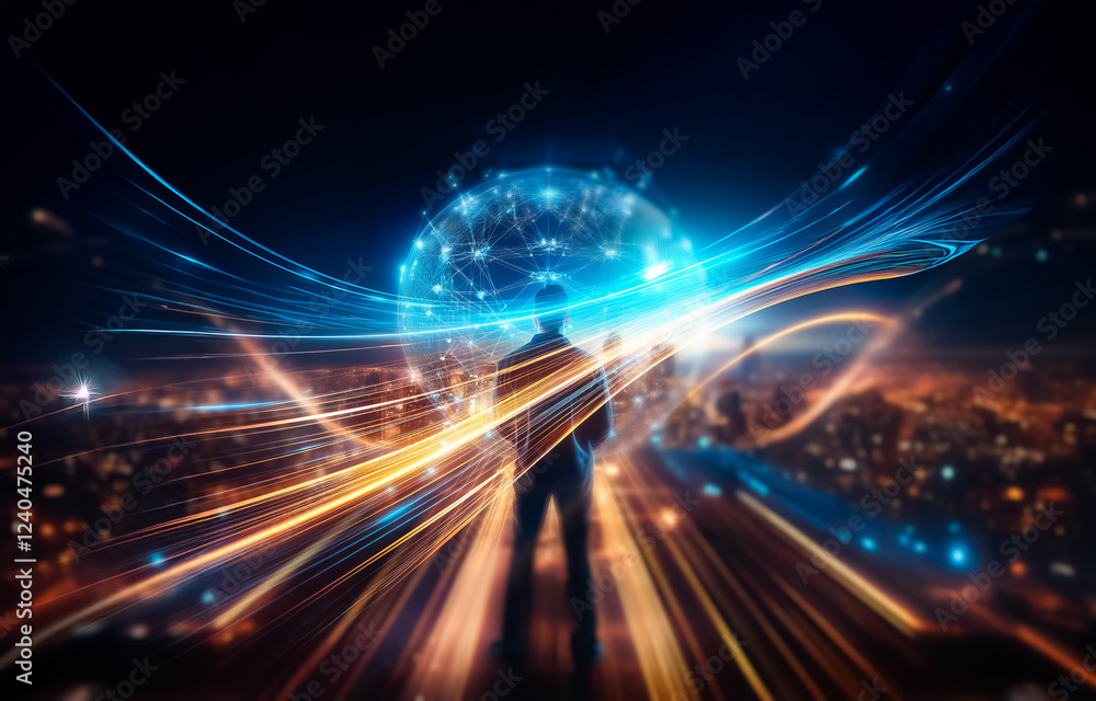 Poster a man stands in the middle of a futuristic cityscape with a glowing network sphere in the background