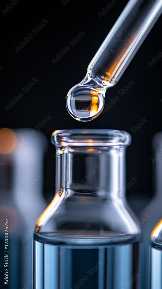 Poster futuristic lab design precision glass vials with droppers for scientific research - advanced materia