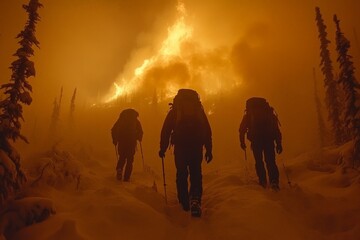 Obraz premium Hikers navigate through a dense forest engulfed in flames during a wildfire emergency at dusk