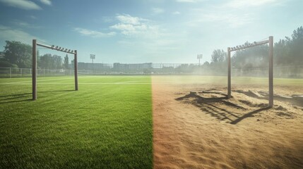A pristine soccer field with perfectly maintained grass contrasted with a dusty, uneven playground with worn-out goalposts.