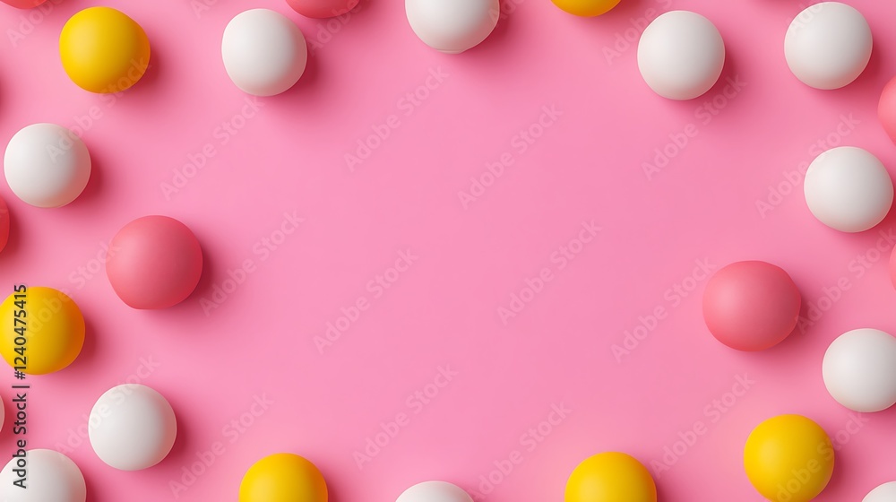 Poster colorful round balls arranged in a circular pattern on a soft pink background for creative designs