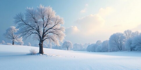 Snowy landscape with bare trees frozen in frost, frost, winter landscape