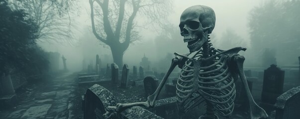 Fototapeta premium Creepy, eerie skeleton towering over misty graveyard.