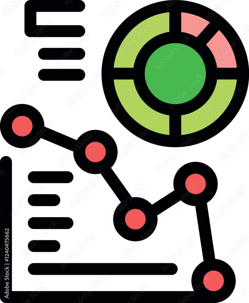 Poster business data analysis with pie chart and declining line graph, representing financial downturn