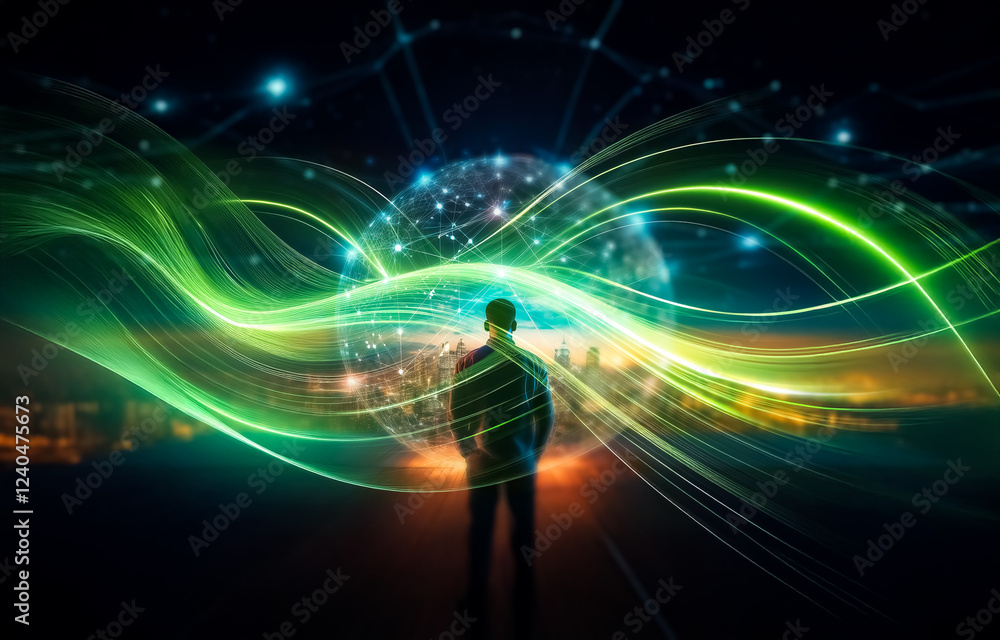 Poster a lone figure stands on a platform, gazing out at a glowing globe representing a network of connecti