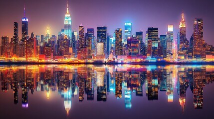 Nighttime skyline with brilliant city lights reflecting in a still body of water