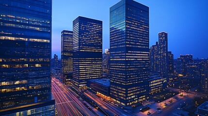 Obraz premium Nighttime Cityscape with Illuminated Skyscrapers and Streaks of Light from Traffic