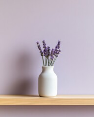 Minimalist Floral Display Lavender in White Ceramic Vase on Oak Shelf - Romantic Decor for Sustainable Home and Eco-Friendly Visual Branding