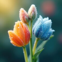 Naklejka premium Soft focus reveals orange and blue frosted flower buds, still life, pastel colors