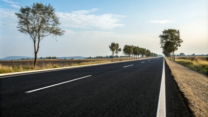 Fototapeta premium Panoramic view of a black asphalt road stretching into the distance with white dividing lines and a few trees in the background, black asphalt road, long shot
