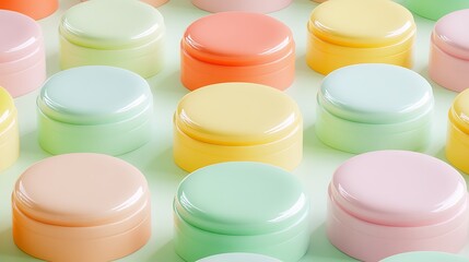 Colorful Round Containers on Soft Background for Cosmetic or Skincare Products Display