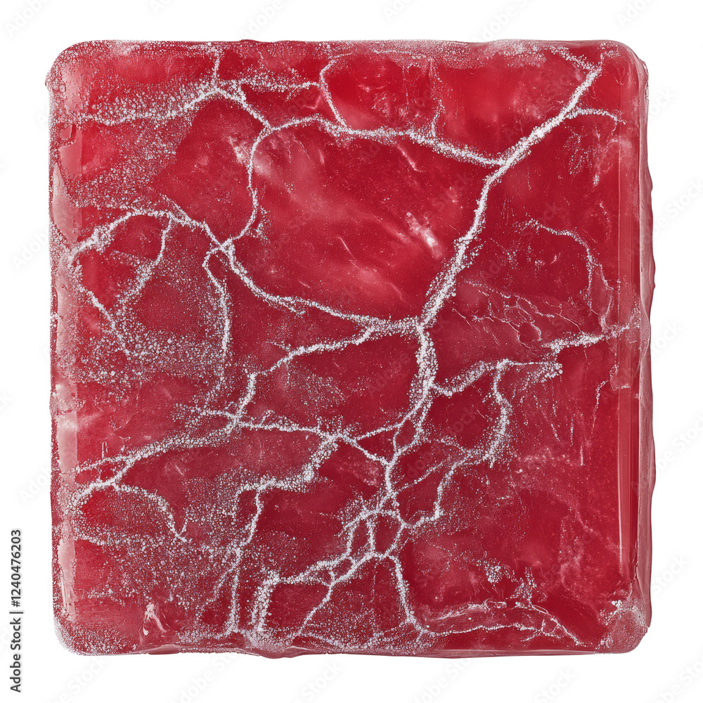 Aufkleber A close-up image reveals a rectangular block of a red frozen dessert with visible ice crystals and a cracked surface texture.
