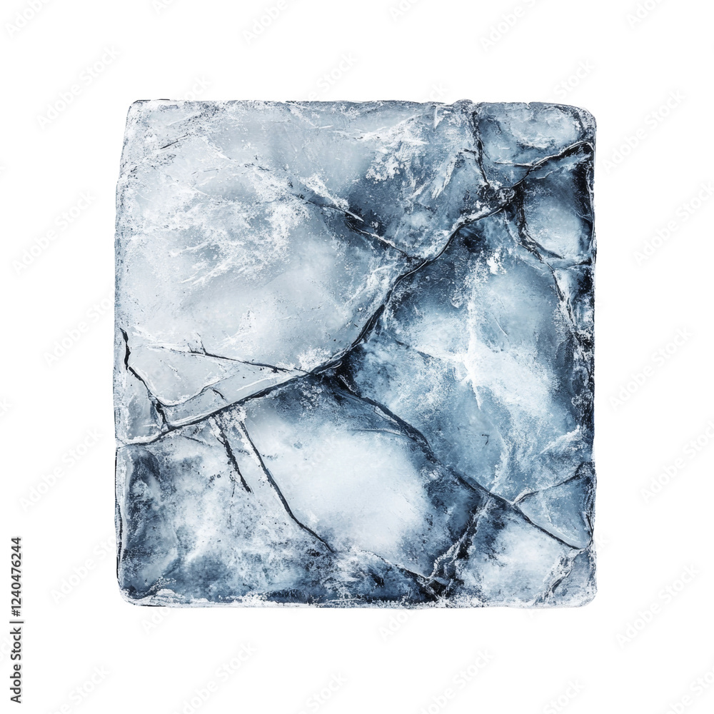 Poster A single square ice cube with visible cracks and a textured surface is shown against a black background.