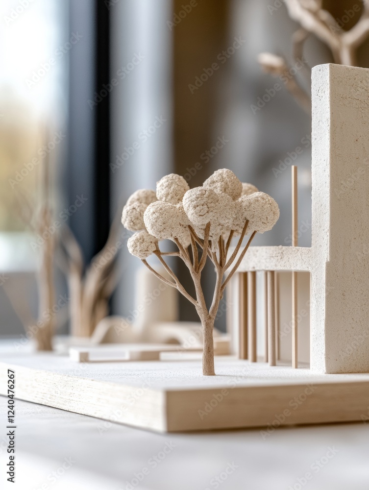 Poster eco-urban architecture minimalist clay models and green design tools on white surface - visualizing 