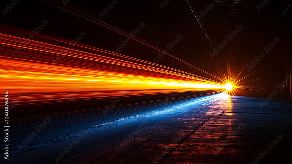 Poster dynamic light trails streak across a dark road, creating a vibrant, energetic image perfect for tech