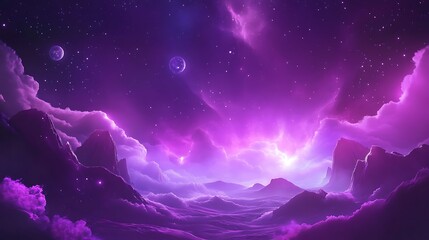 Fototapeta premium Purple Landscape with Mountains, Clouds, and Stars